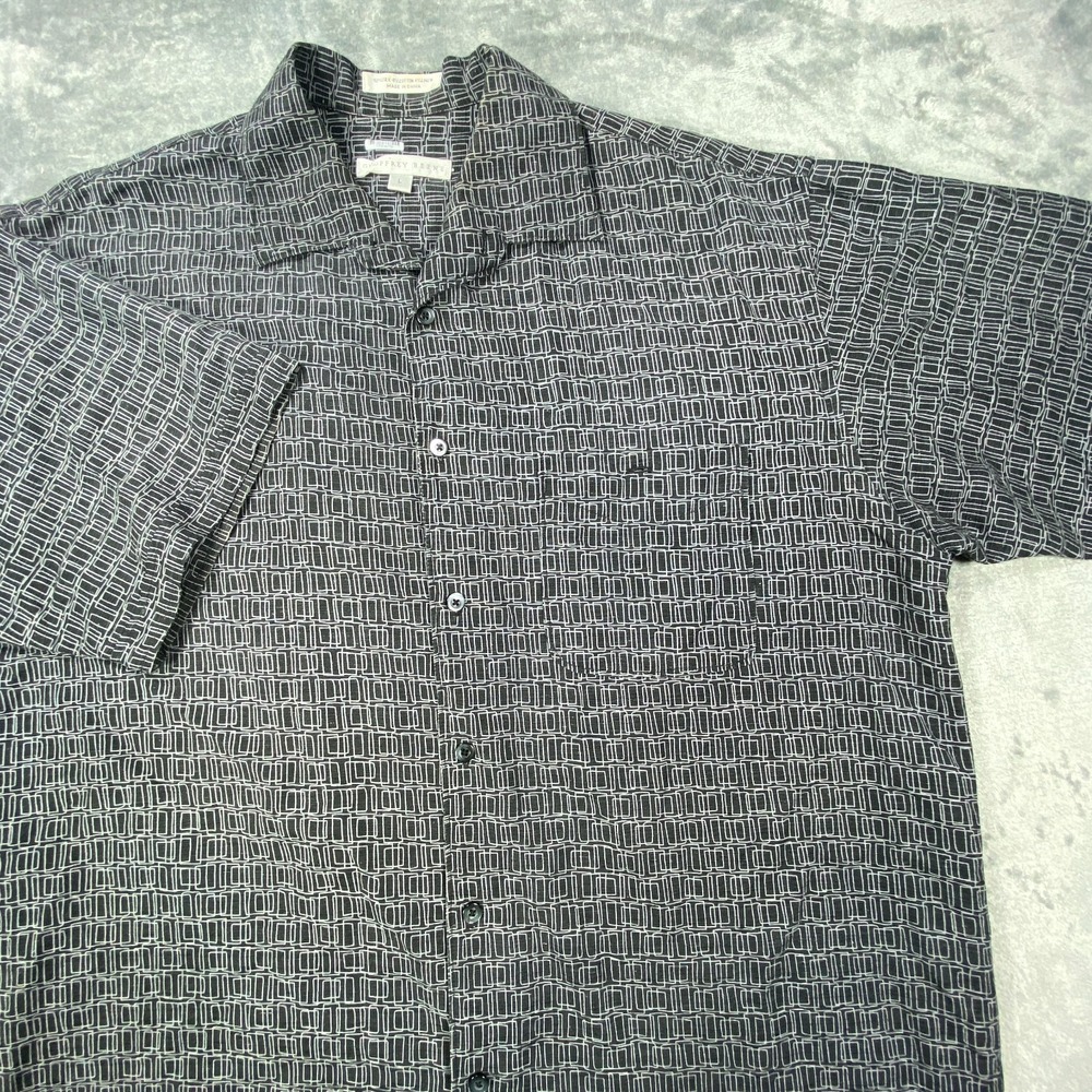 Geoffrey Beene Silk Linen Blend Shirt Mens Large Short Sleeve Geometric AOP Camp